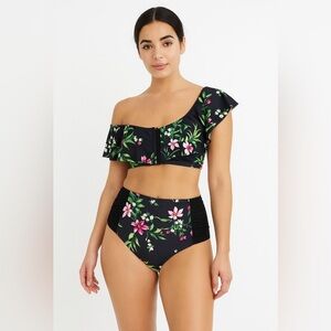 Women’s Tinibikini Floral Ruffle Off-Shoulder Top Bikini Cutout Bottoms Sz L NWT